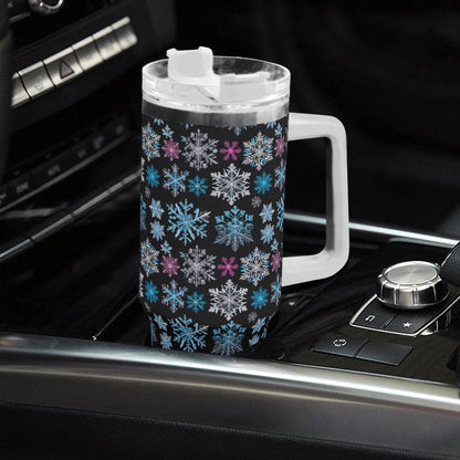 Party Snowflake 40oz Stainless Steel Tumbler Gift With White Handle and Straw - DeRose Seasonal