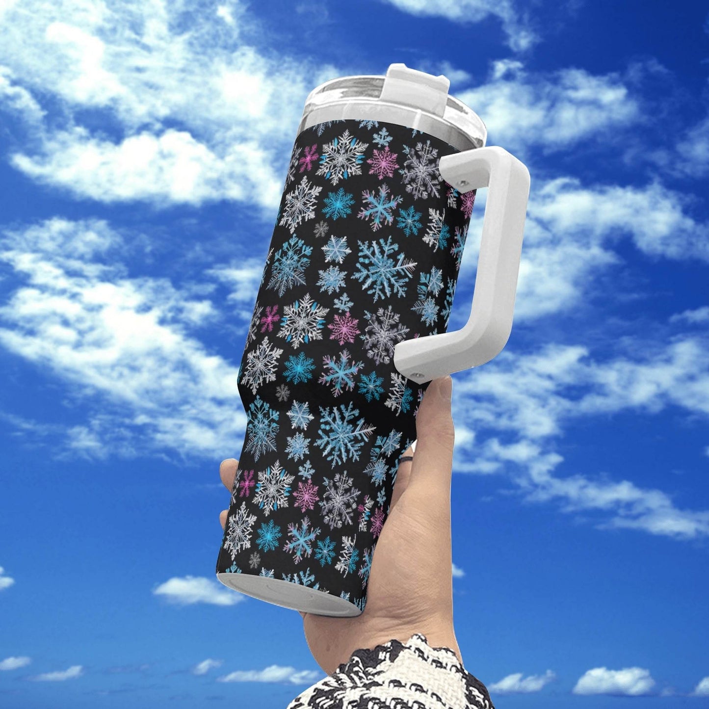 Party Snowflake 40oz Stainless Steel Tumbler Gift With White Handle and Straw - DeRose Seasonal