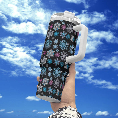 Party Snowflake 40oz Stainless Steel Tumbler Gift With White Handle and Straw - DeRose Seasonal