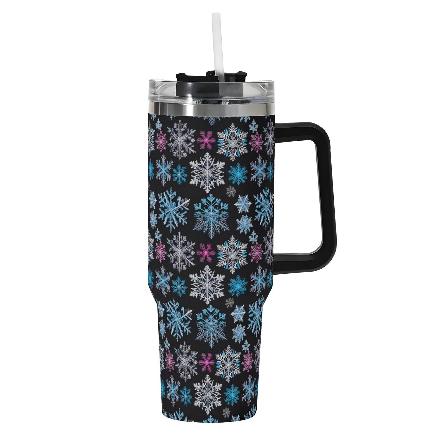 Party Snowflake 40oz Stainless Steel Tumbler Gift With Black Handle and Straw - DeRose Seasonal