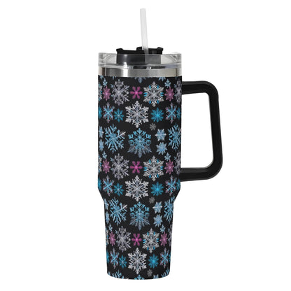 Party Snowflake 40oz Stainless Steel Tumbler Gift With Black Handle and Straw - DeRose Seasonal