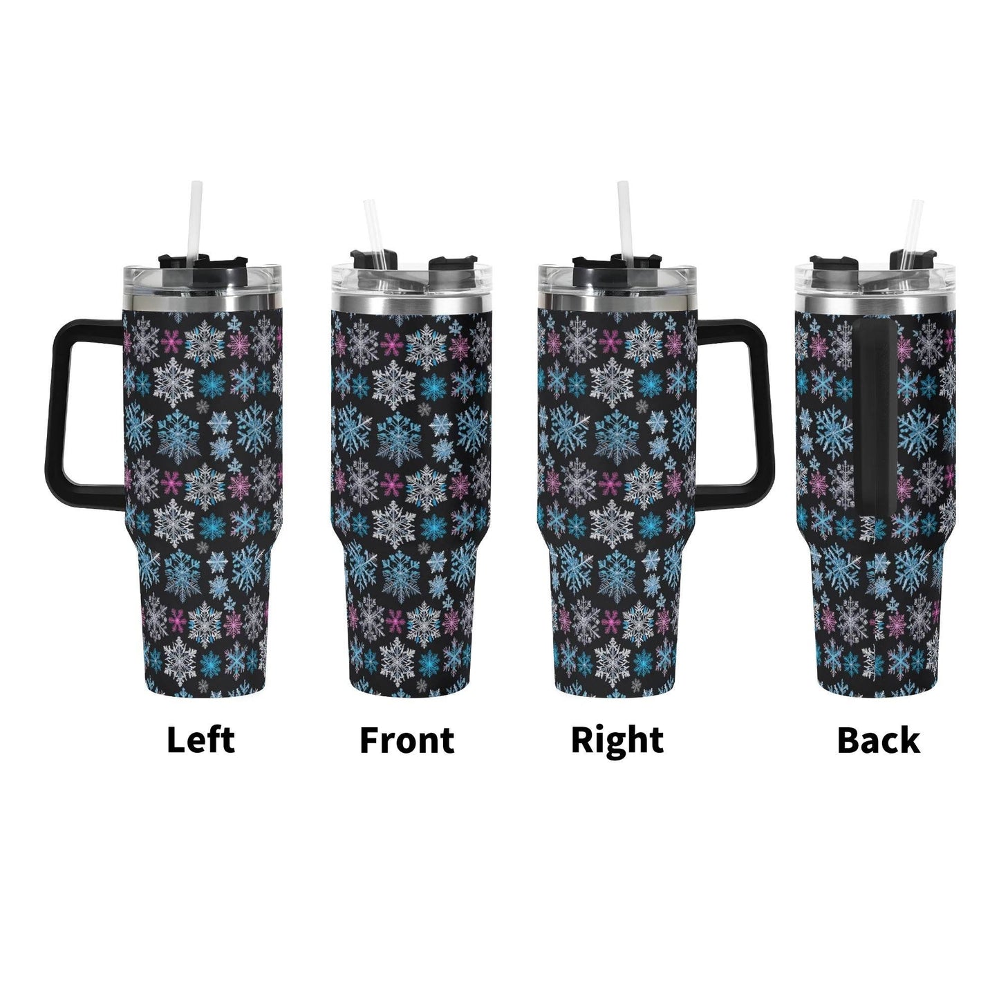 Party Snowflake 40oz Stainless Steel Tumbler Gift With Black Handle and Straw - DeRose Seasonal