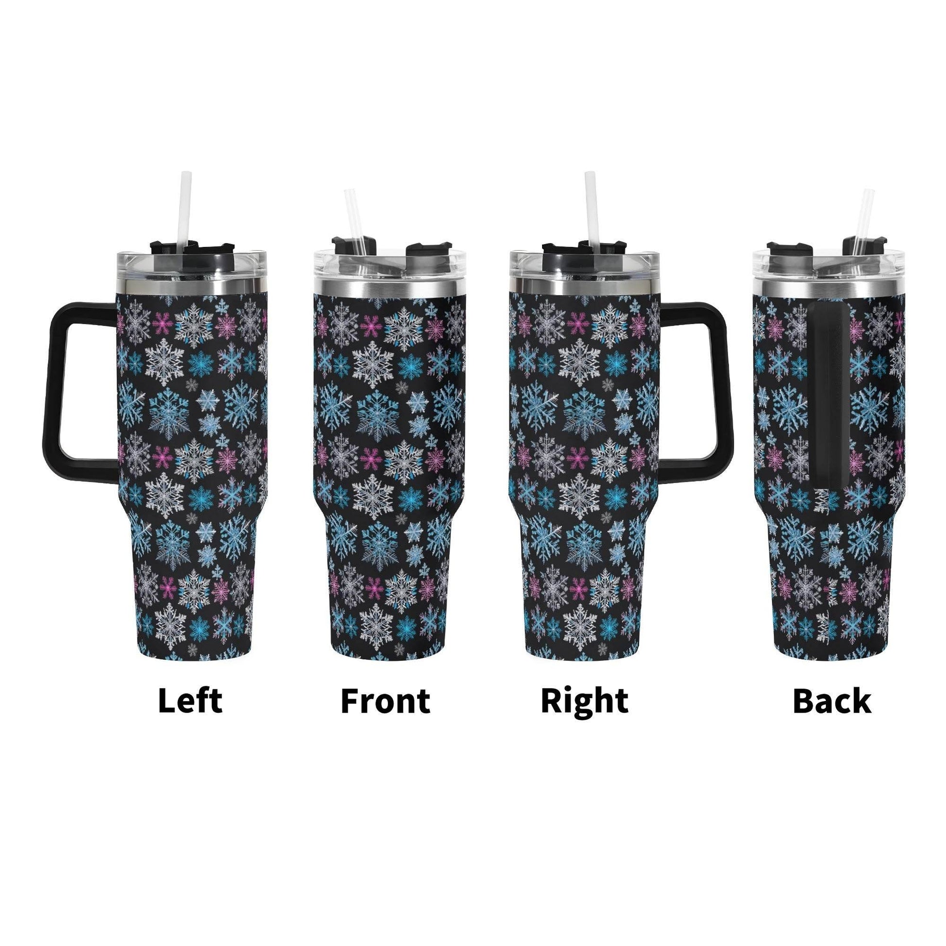 Party Snowflake 40oz Stainless Steel Tumbler Gift With Black Handle and Straw - DeRose Seasonal