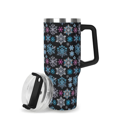 Party Snowflake 40oz Stainless Steel Tumbler Gift With Black Handle and Straw - DeRose Seasonal