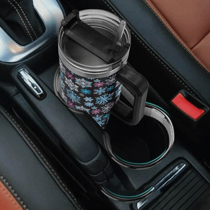 Party Snowflake 40oz Stainless Steel Tumbler Gift With Black Handle and Straw - DeRose Seasonal
