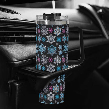 Party Snowflake 40oz Stainless Steel Tumbler Gift With Black Handle and Straw - DeRose Seasonal