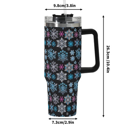 Party Snowflake 40oz Stainless Steel Tumbler Gift With Black Handle and Straw - DeRose Seasonal