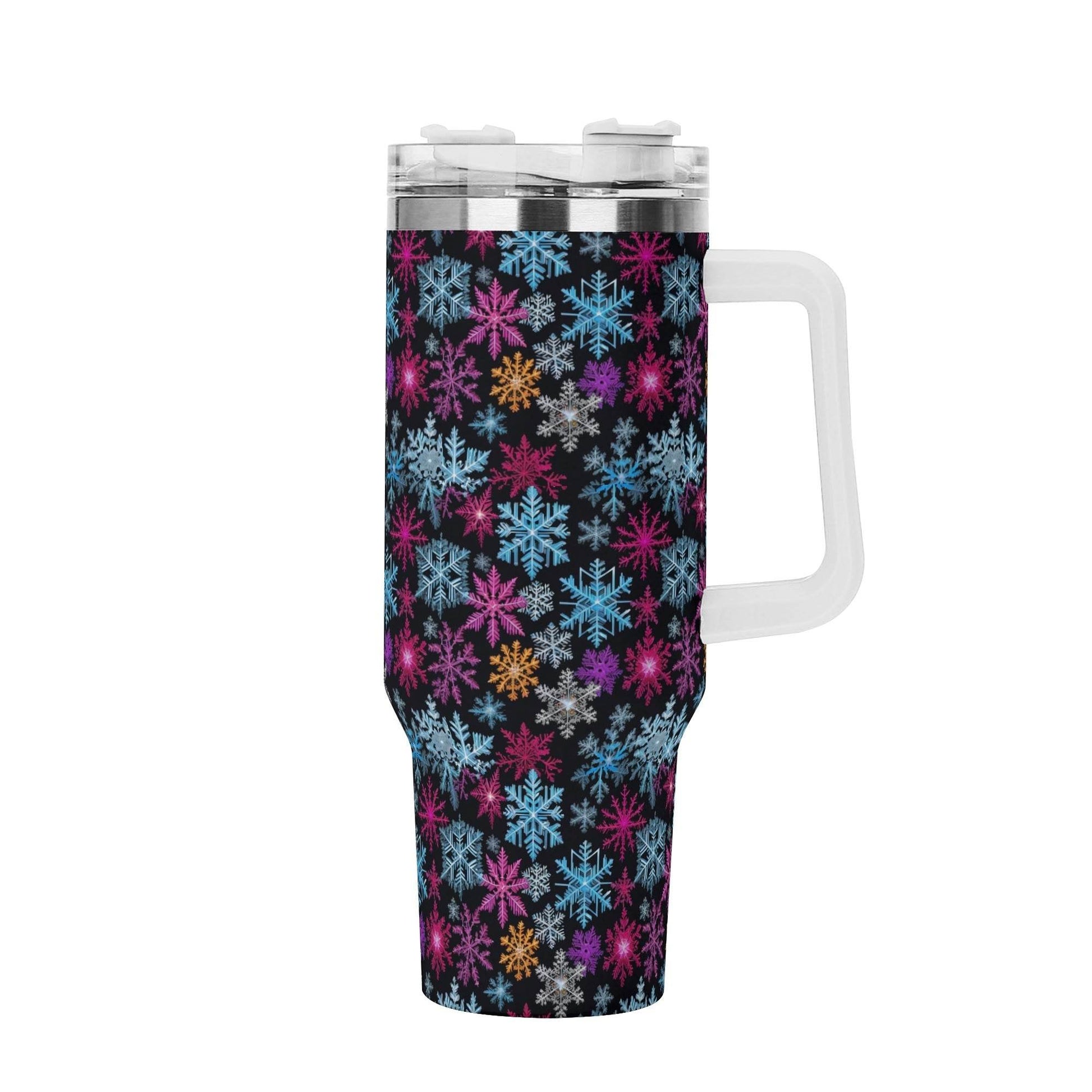 Colorful Party Snowflake 40oz Stainless Steel Tumbler Gift With White Handle and Straw - DeRose Seasonal