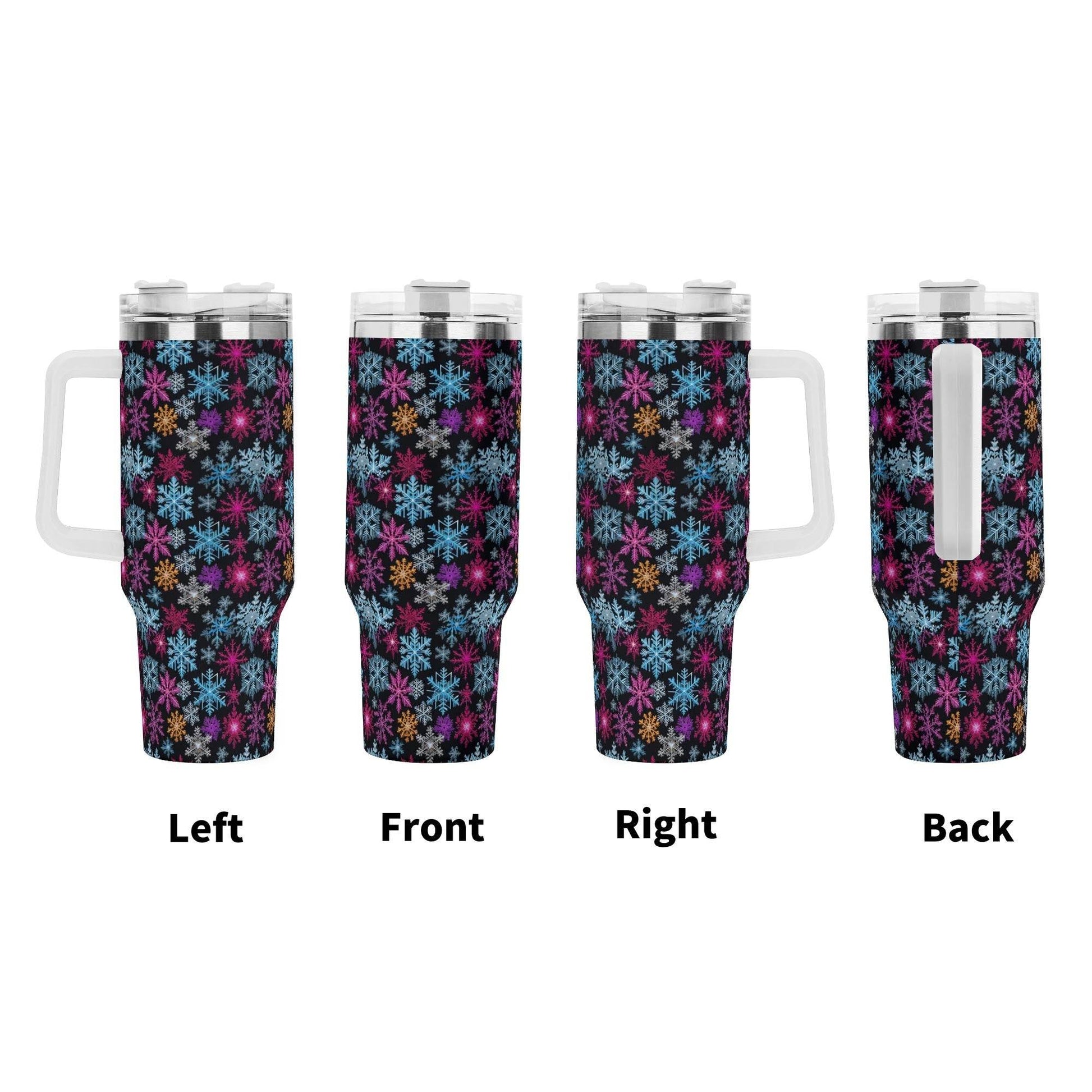 Colorful Party Snowflake 40oz Stainless Steel Tumbler Gift With White Handle and Straw - DeRose Seasonal