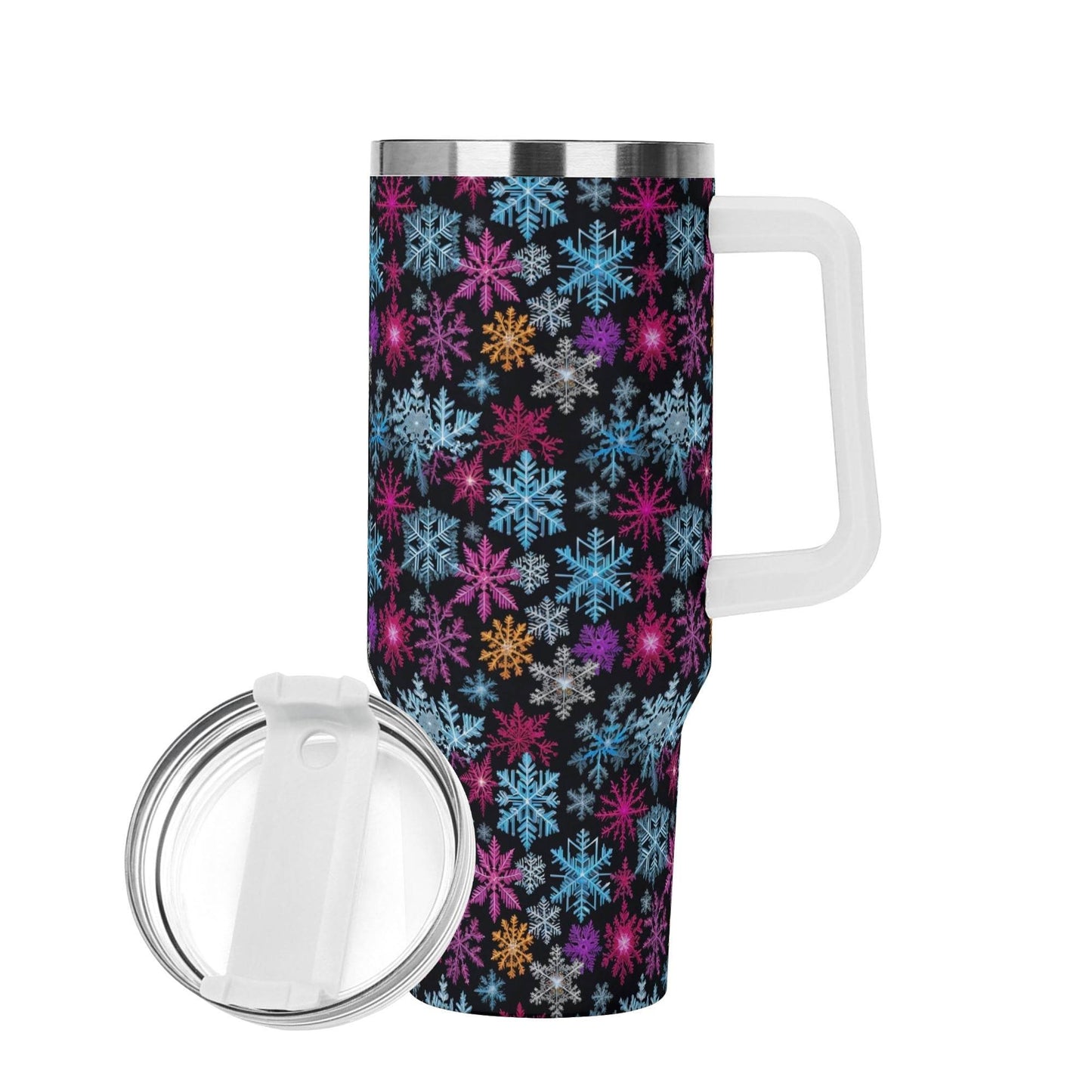 Colorful Party Snowflake 40oz Stainless Steel Tumbler Gift With White Handle and Straw - DeRose Seasonal