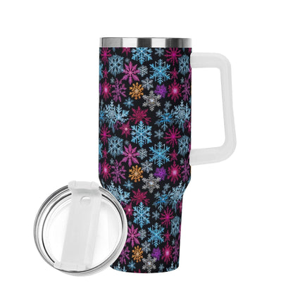 Colorful Party Snowflake 40oz Stainless Steel Tumbler Gift With White Handle and Straw - DeRose Seasonal