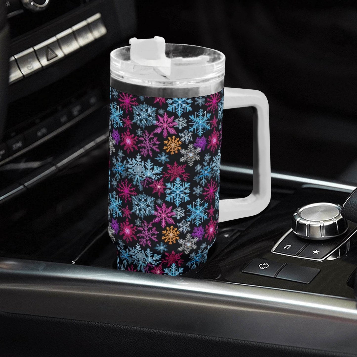 Colorful Party Snowflake 40oz Stainless Steel Tumbler Gift With White Handle and Straw - DeRose Seasonal