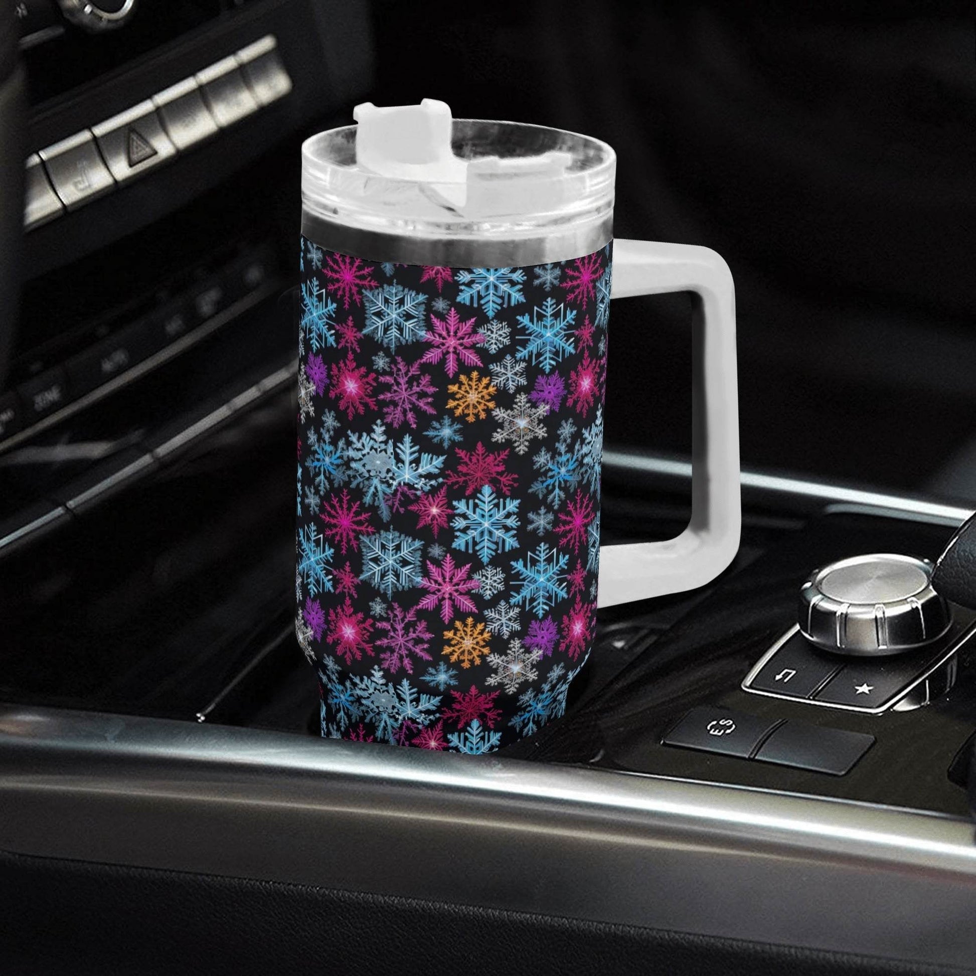 Colorful Party Snowflake 40oz Stainless Steel Tumbler Gift With White Handle and Straw - DeRose Seasonal