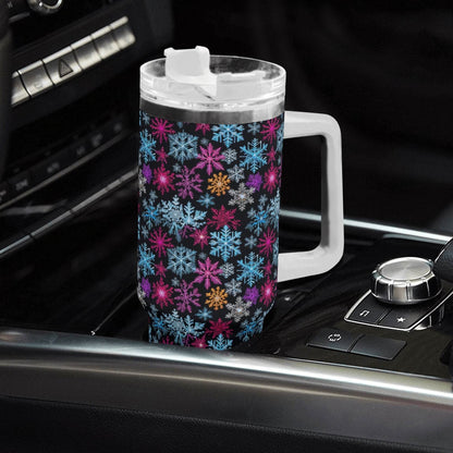 Colorful Party Snowflake 40oz Stainless Steel Tumbler Gift With White Handle and Straw - DeRose Seasonal
