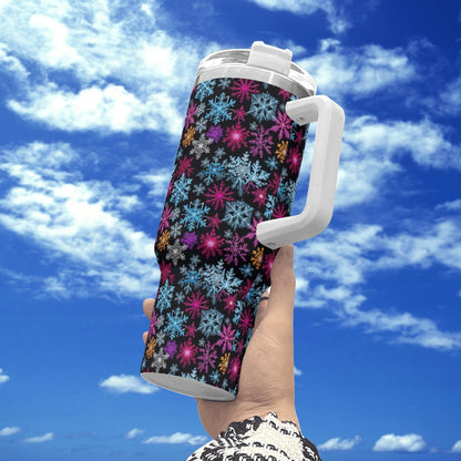 Colorful Party Snowflake 40oz Stainless Steel Tumbler Gift With White Handle and Straw - DeRose Seasonal