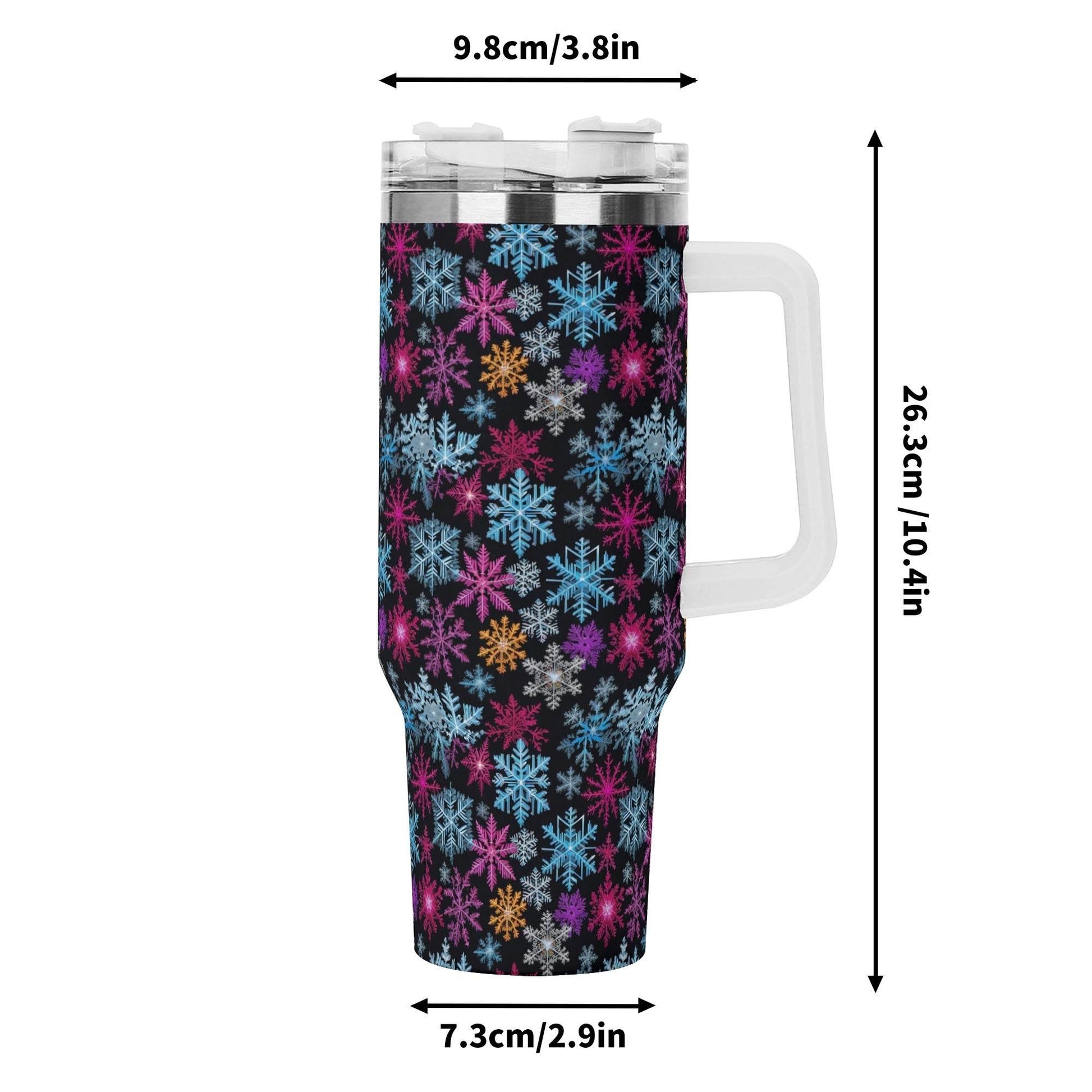 Colorful Party Snowflake 40oz Stainless Steel Tumbler Gift With White Handle and Straw - DeRose Seasonal