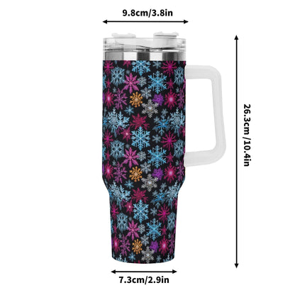 Colorful Party Snowflake 40oz Stainless Steel Tumbler Gift With White Handle and Straw - DeRose Seasonal