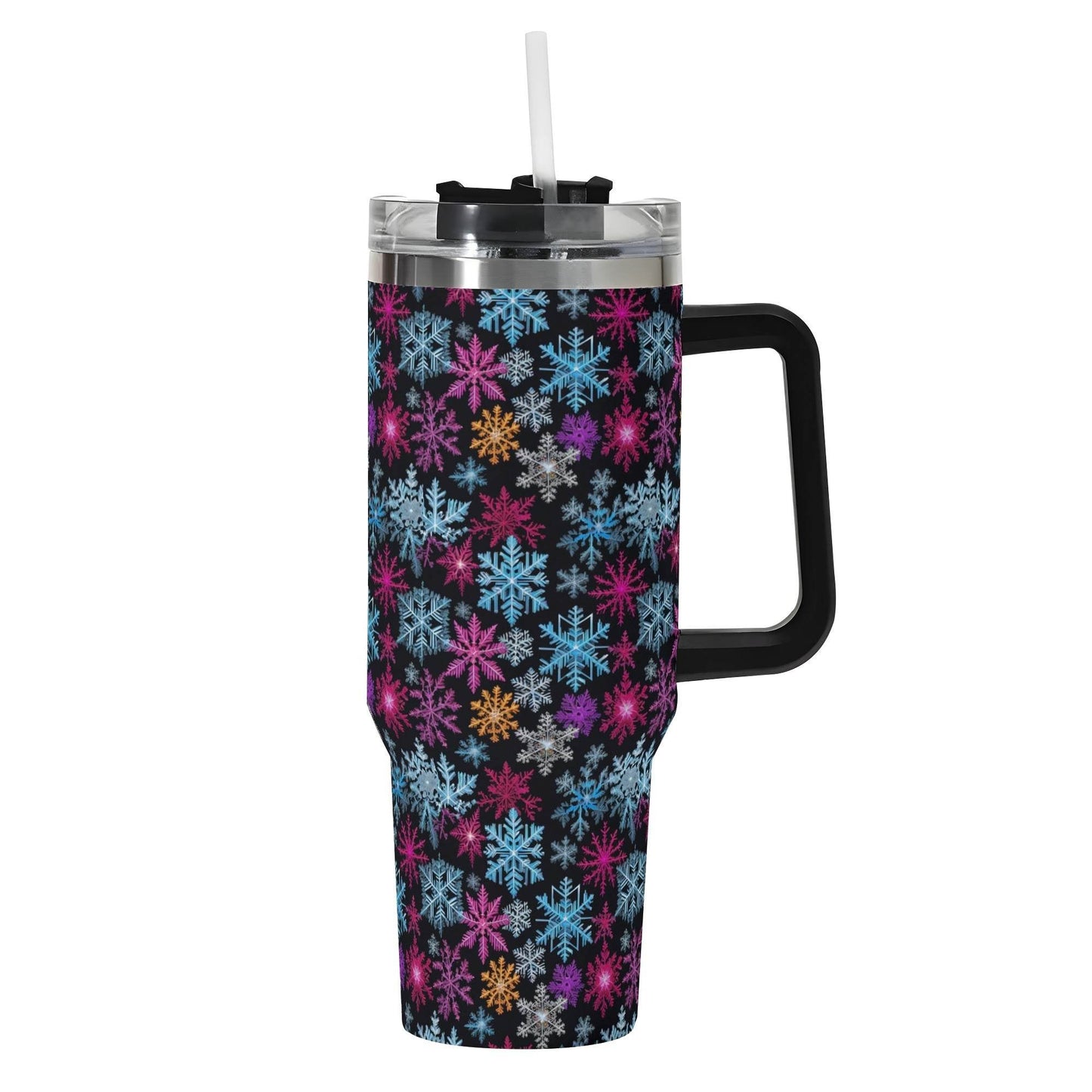 Colorful Party Snowflake 40oz Stainless Steel Tumbler Gift With Black Handle and Straw - DeRose Seasonal