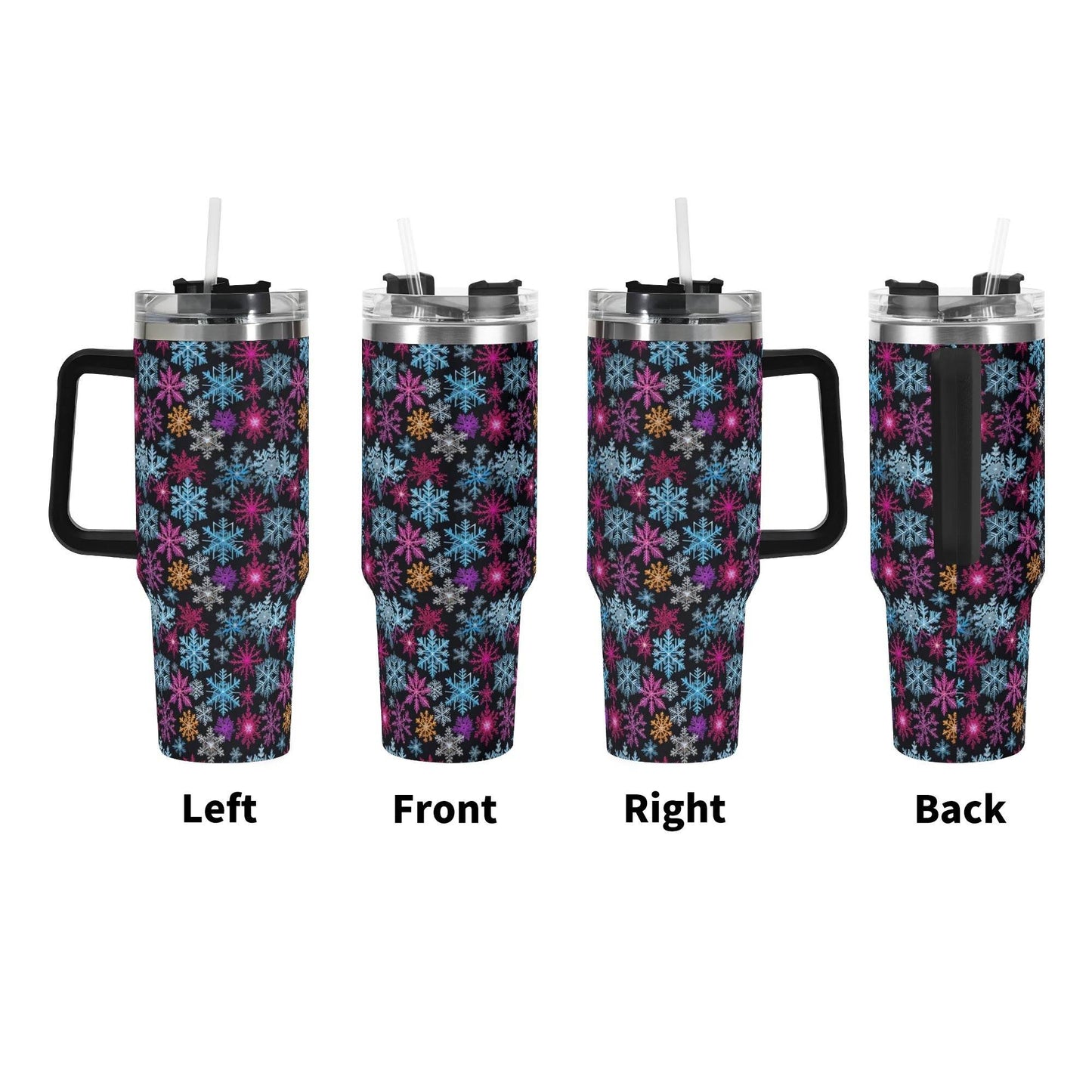 Colorful Party Snowflake 40oz Stainless Steel Tumbler Gift With Black Handle and Straw - DeRose Seasonal