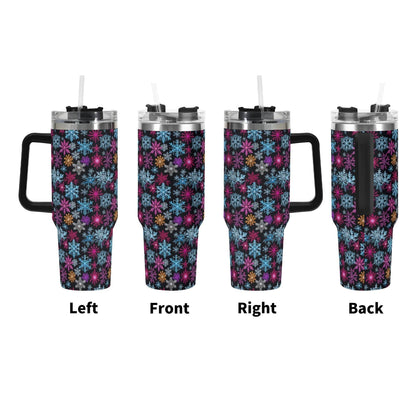 Colorful Party Snowflake 40oz Stainless Steel Tumbler Gift With Black Handle and Straw - DeRose Seasonal