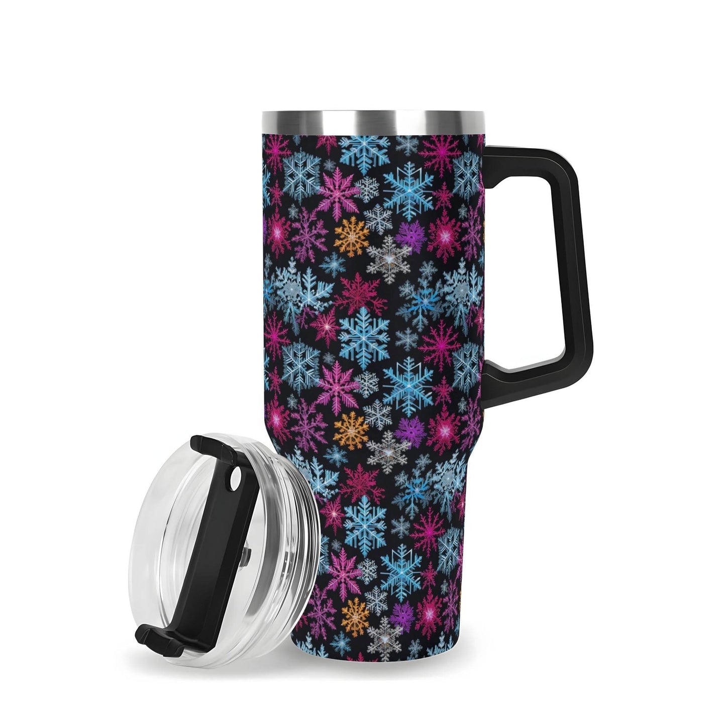 Colorful Party Snowflake 40oz Stainless Steel Tumbler Gift With Black Handle and Straw - DeRose Seasonal