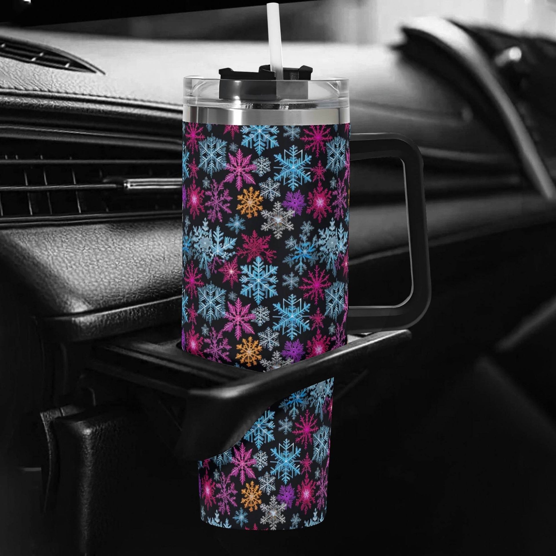 Colorful Party Snowflake 40oz Stainless Steel Tumbler Gift With Black Handle and Straw - DeRose Seasonal