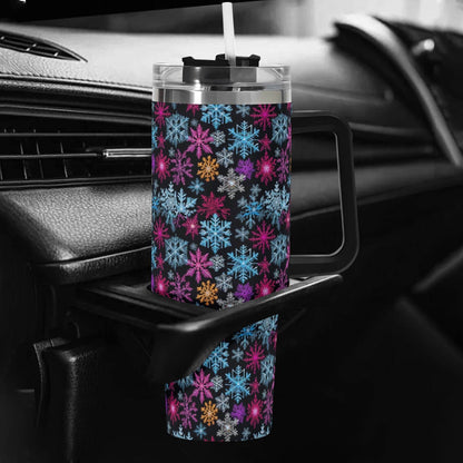 Colorful Party Snowflake 40oz Stainless Steel Tumbler Gift With Black Handle and Straw - DeRose Seasonal
