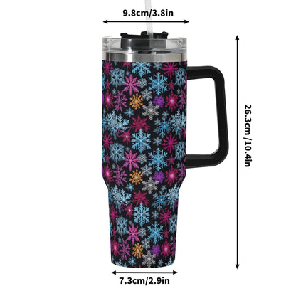 Colorful Party Snowflake 40oz Stainless Steel Tumbler Gift With Black Handle and Straw - DeRose Seasonal