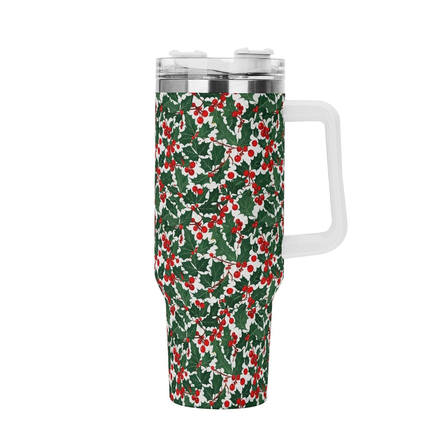Christmas Holly 40oz Stainless Steel Tumbler Gift With White Handle and Straw - DeRose Seasonal