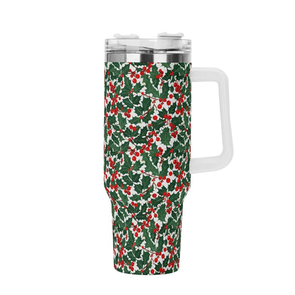 Christmas Holly 40oz Stainless Steel Tumbler Gift With White Handle and Straw - DeRose Seasonal