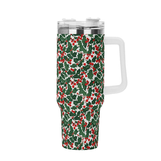 Christmas Holly 40oz Stainless Steel Tumbler Gift With White Handle and Straw - DeRose Seasonal