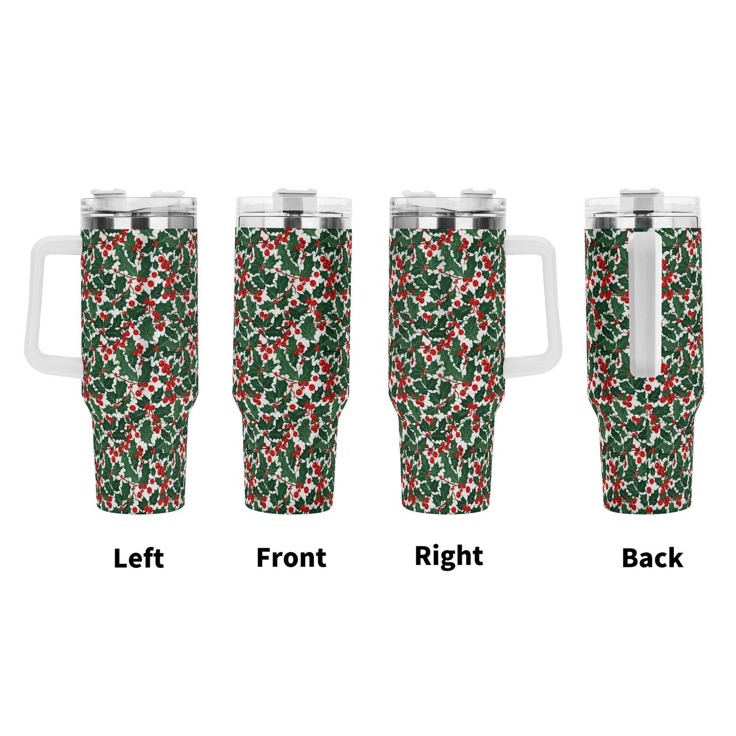 Christmas Holly 40oz Stainless Steel Tumbler Gift With White Handle and Straw - DeRose Seasonal