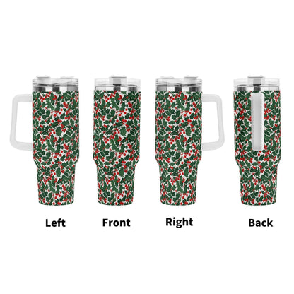 Christmas Holly 40oz Stainless Steel Tumbler Gift With White Handle and Straw - DeRose Seasonal