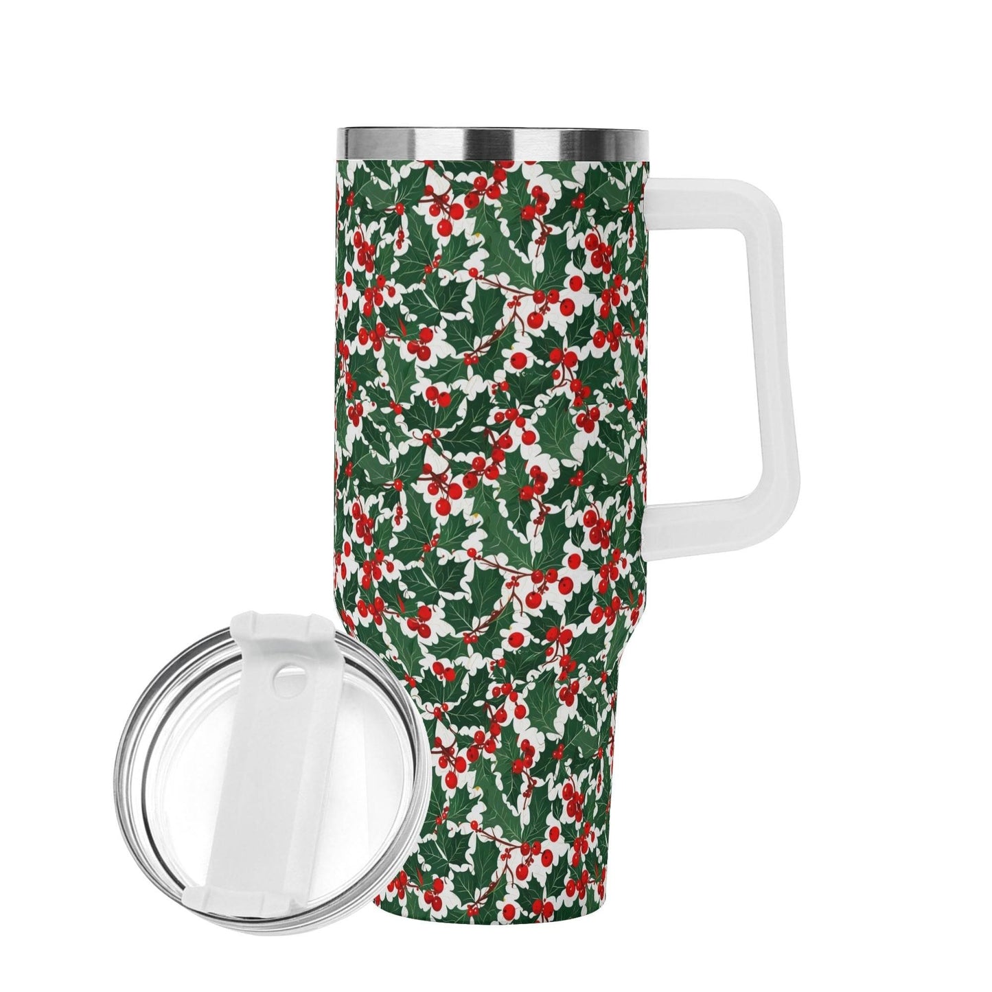 Christmas Holly 40oz Stainless Steel Tumbler Gift With White Handle and Straw - DeRose Seasonal