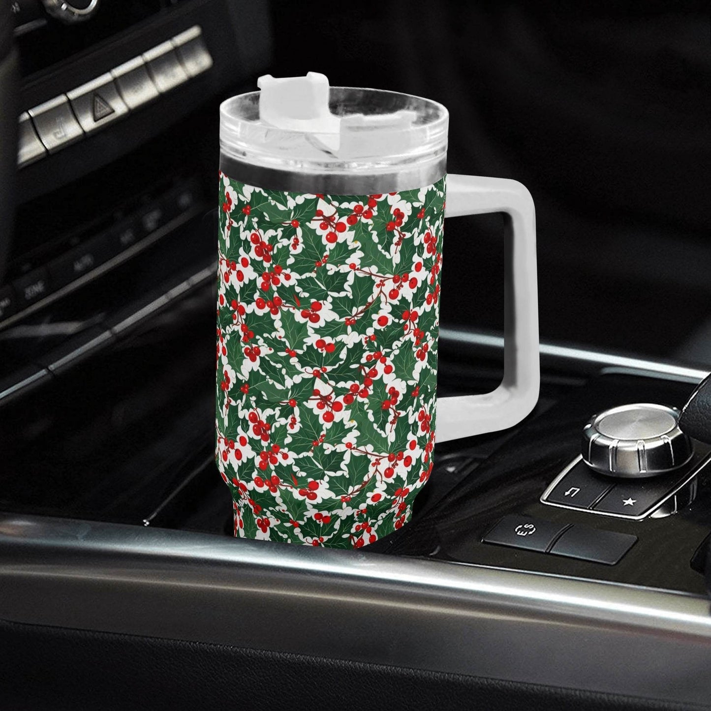 Christmas Holly 40oz Stainless Steel Tumbler Gift With White Handle and Straw - DeRose Seasonal