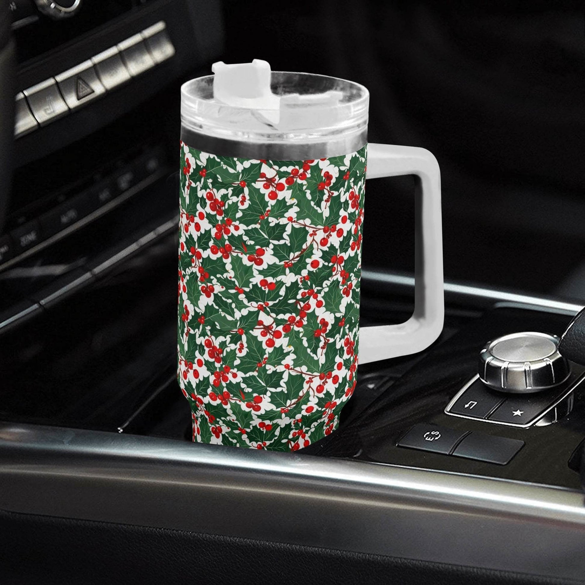 Christmas Holly 40oz Stainless Steel Tumbler Gift With White Handle and Straw - DeRose Seasonal