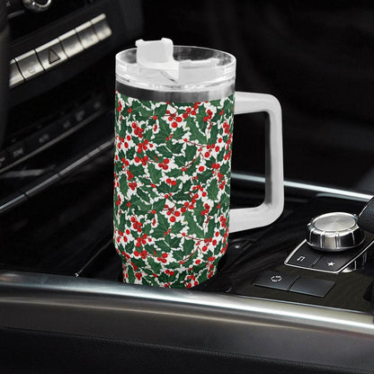 Christmas Holly 40oz Stainless Steel Tumbler Gift With White Handle and Straw - DeRose Seasonal