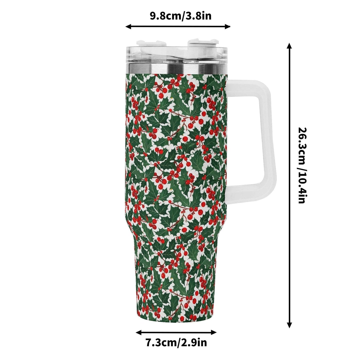 Christmas Holly 40oz Stainless Steel Tumbler Gift With White Handle and Straw - DeRose Seasonal