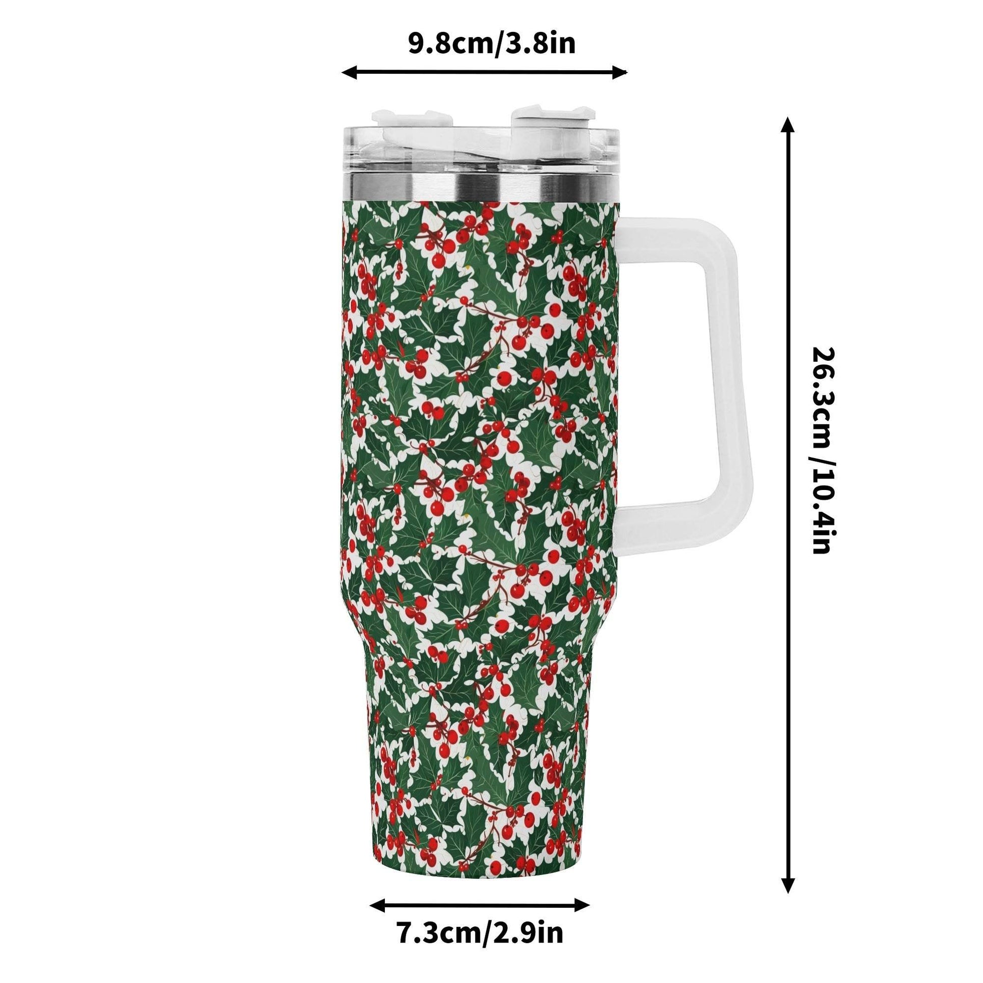 Christmas Holly 40oz Stainless Steel Tumbler Gift With White Handle and Straw - DeRose Seasonal