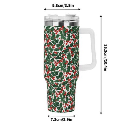 Christmas Holly 40oz Stainless Steel Tumbler Gift With White Handle and Straw - DeRose Seasonal