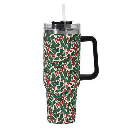 Christmas Holly 40oz Stainless Steel Tumbler Gift With Black Handle and Straw - DeRose Seasonal