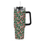 Christmas Holly 40oz Stainless Steel Tumbler Gift With Black Handle and Straw - DeRose Seasonal