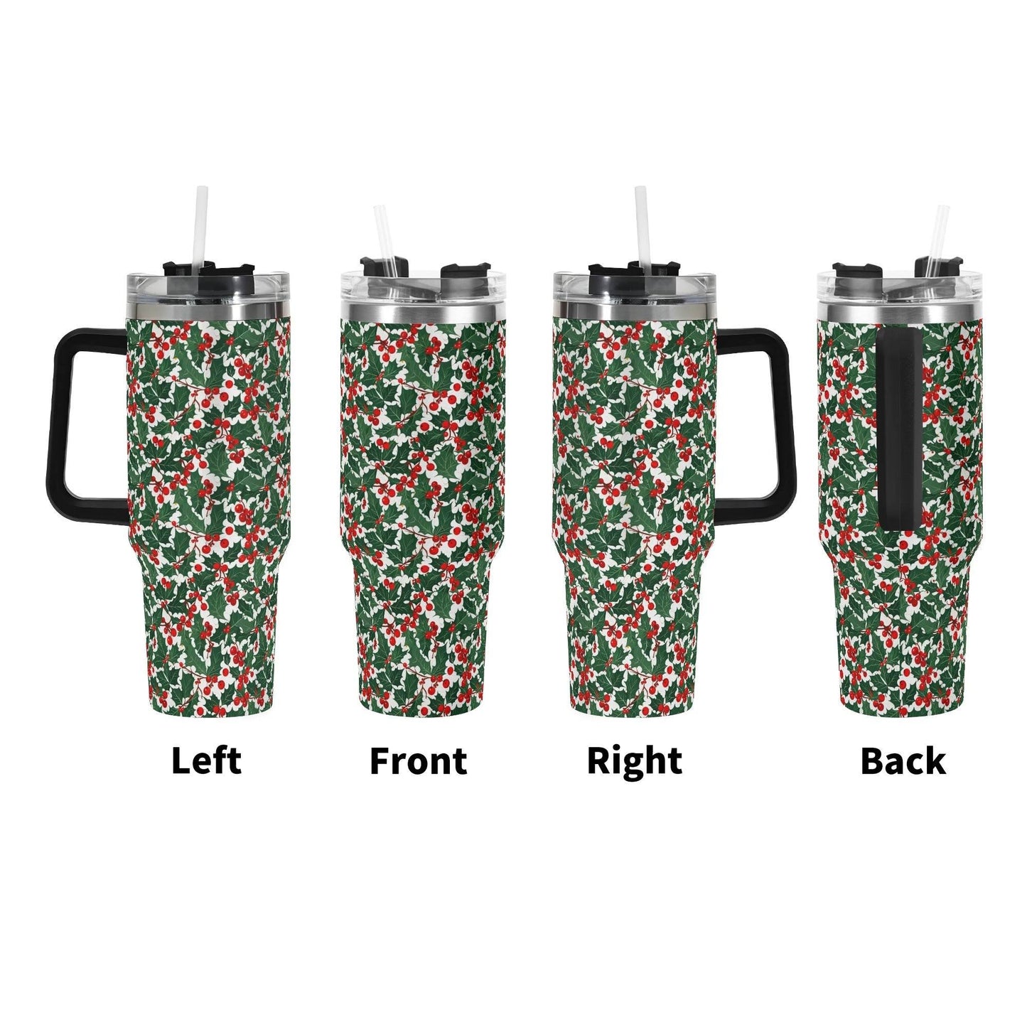 Christmas Holly 40oz Stainless Steel Tumbler Gift With Black Handle and Straw - DeRose Seasonal