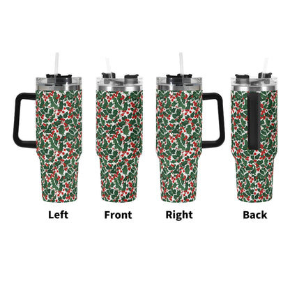 Christmas Holly 40oz Stainless Steel Tumbler Gift With Black Handle and Straw - DeRose Seasonal