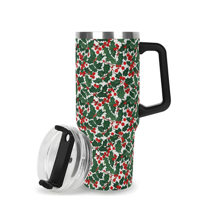 Christmas Holly 40oz Stainless Steel Tumbler Gift With Black Handle and Straw - DeRose Seasonal