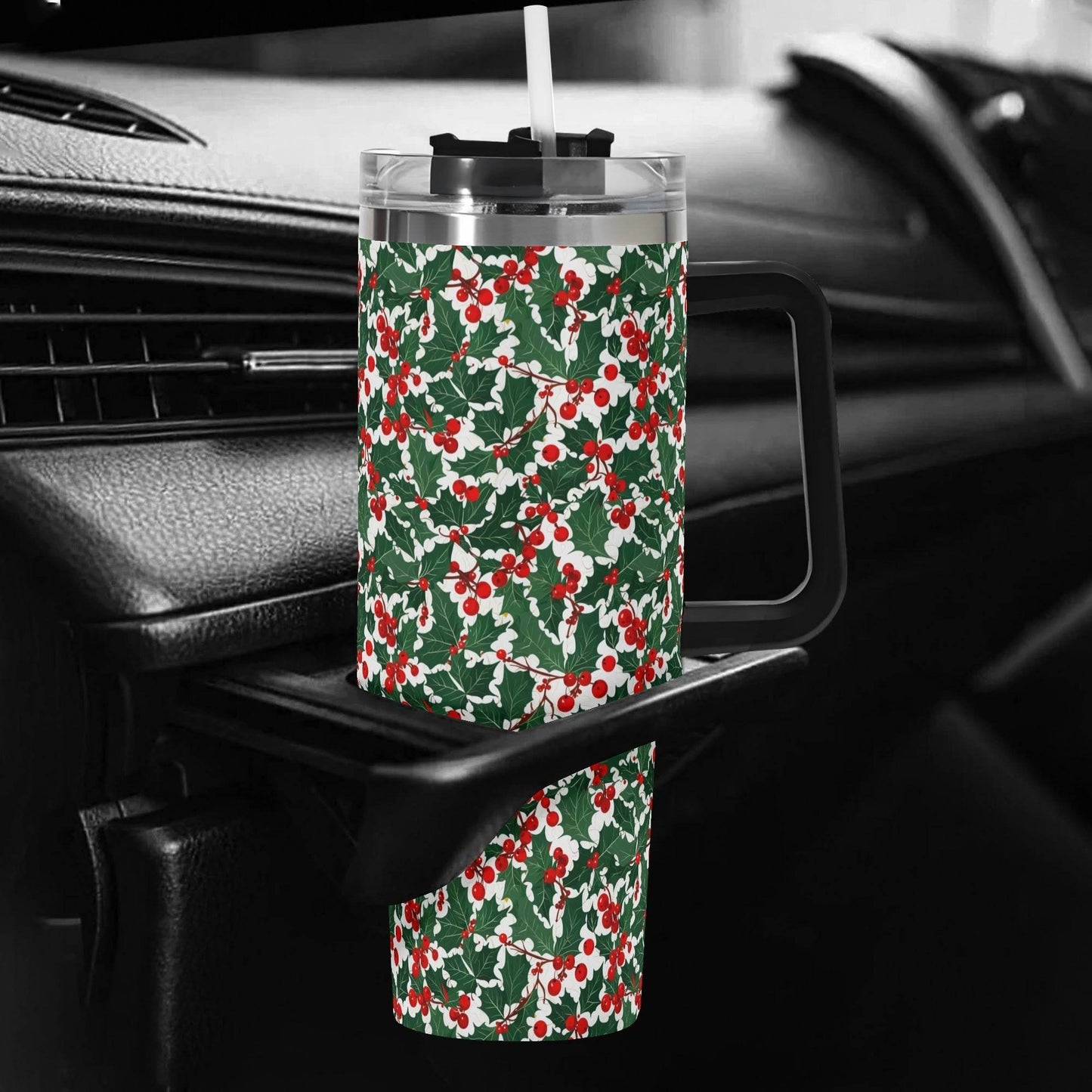 Christmas Holly 40oz Stainless Steel Tumbler Gift With Black Handle and Straw - DeRose Seasonal