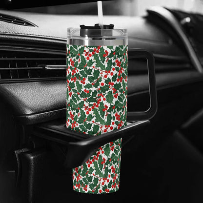 Christmas Holly 40oz Stainless Steel Tumbler Gift With Black Handle and Straw - DeRose Seasonal