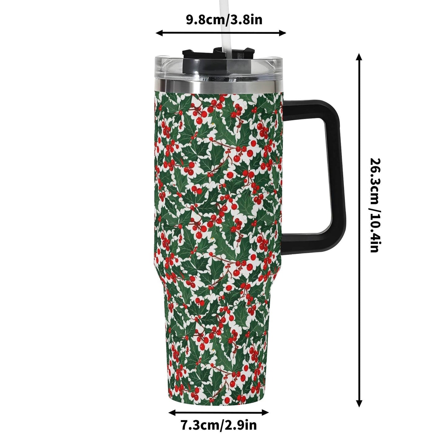 Christmas Holly 40oz Stainless Steel Tumbler Gift With Black Handle and Straw - DeRose Seasonal
