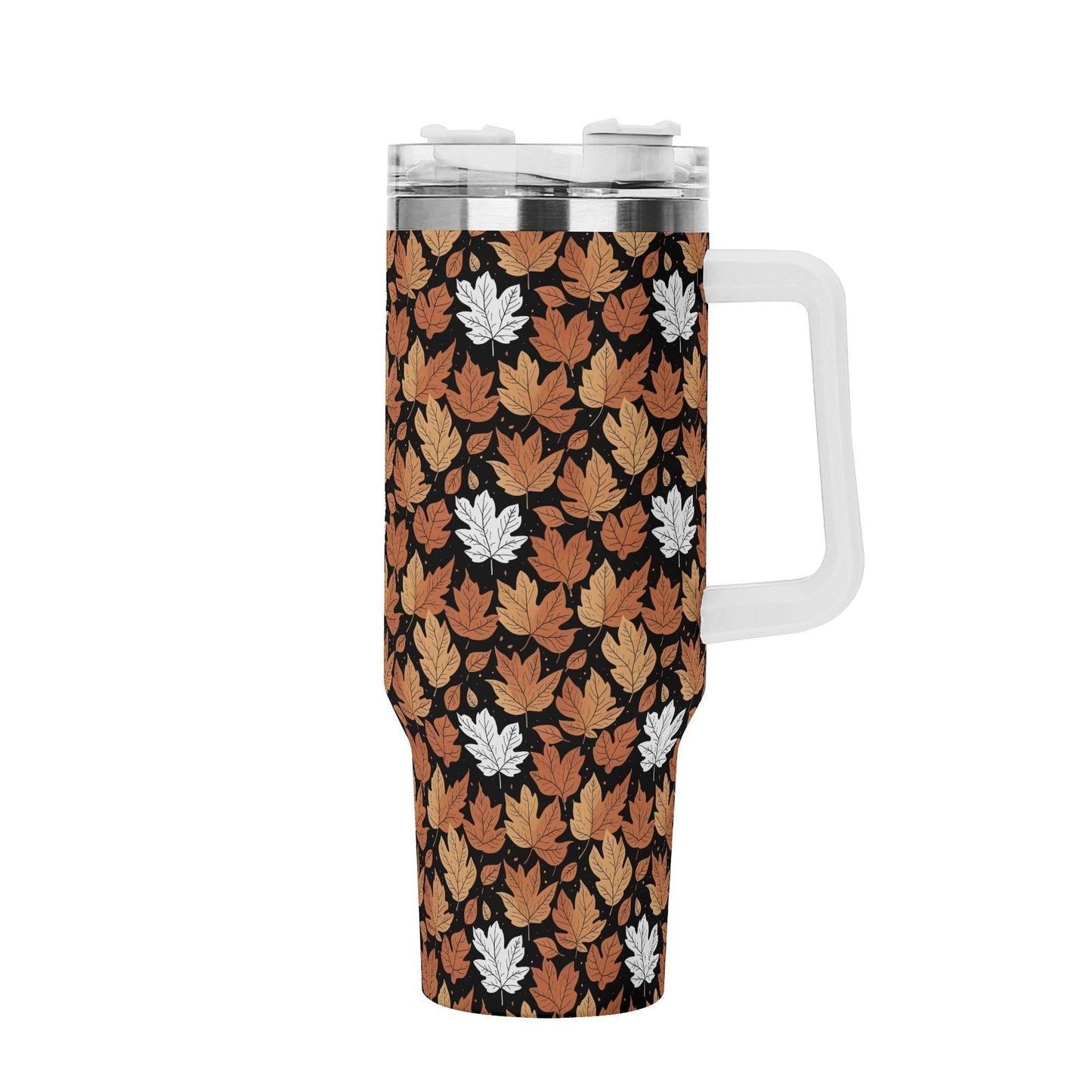 Maple Leaves 40oz Stainless Steel Tumbler Gift With White Handle and Straw - DeRose Seasonal