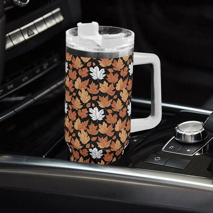Maple Leaves 40oz Stainless Steel Tumbler Gift With White Handle and Straw - DeRose Seasonal